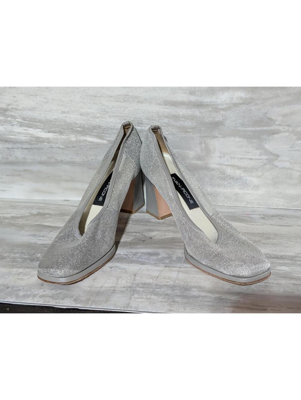 Evan-Picone Silver Textured Fabric Block Heel Pumps Sz 10M